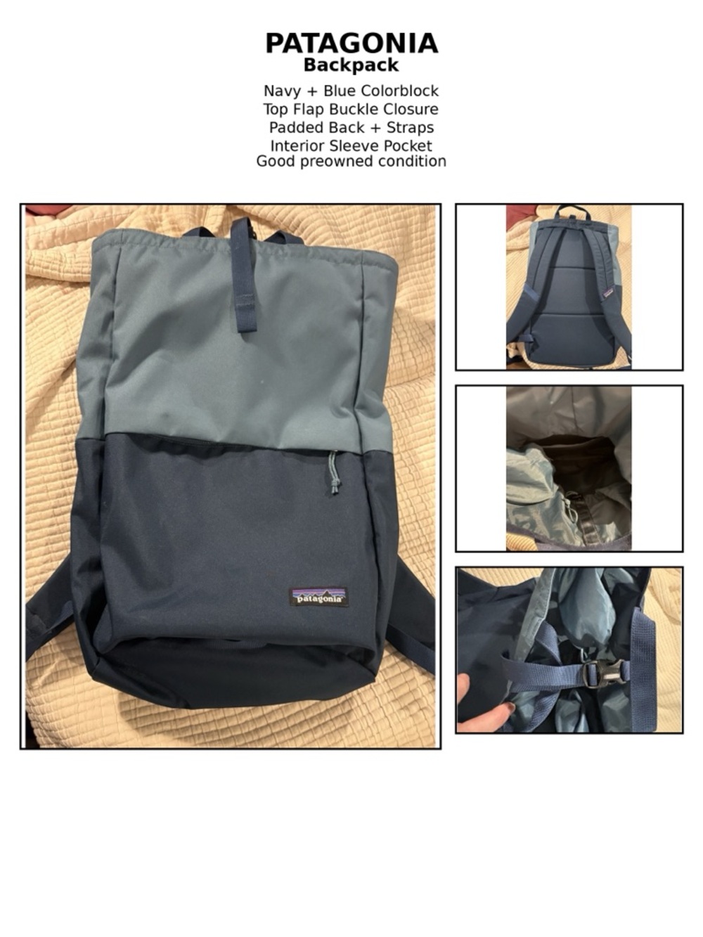 Patagonia Navy Blue Colorblock Backpack Flap Top Laptop Bag like new